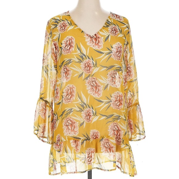 Crosstree Lane Mustard Floral Print Sheer Tunic Blouse Women’s Medium - Picture 1 of 13